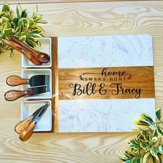 Custom Personalized Marble Charcuterie Board|Engraved Serving Platter 11-piece set