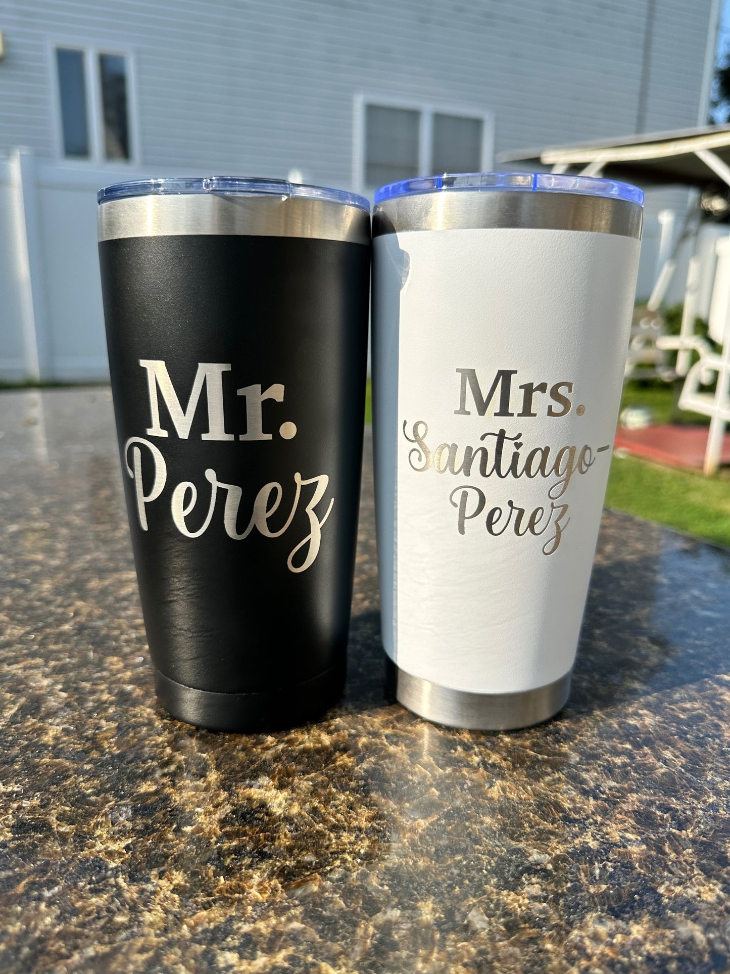 Set of 2 Custom 20oz Tumblers|Mr & Mrs|Double-Sided Engraving Included